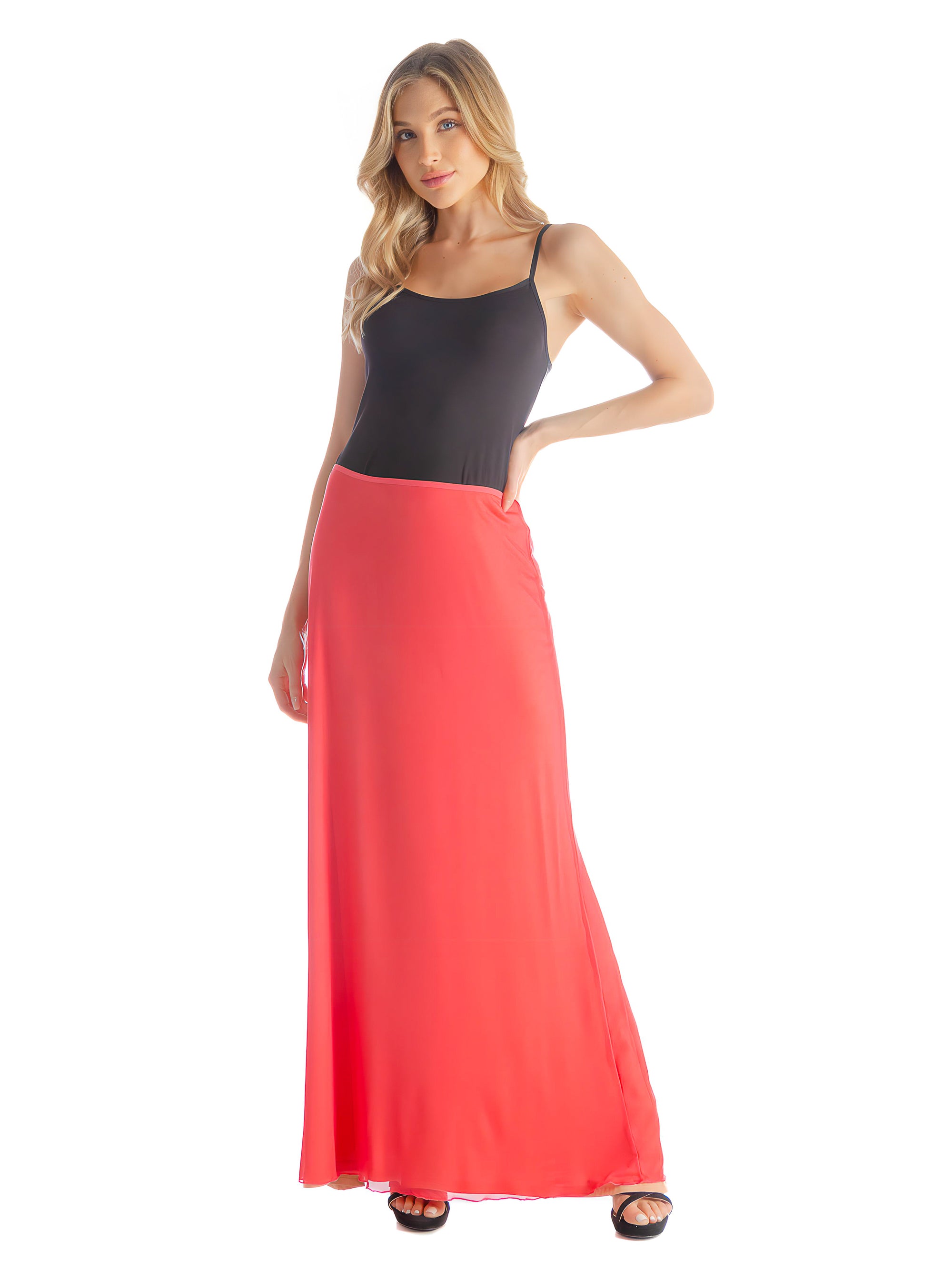 Solid Color Sheer Overlay Elastic Waist Dressy Maxi Skirt