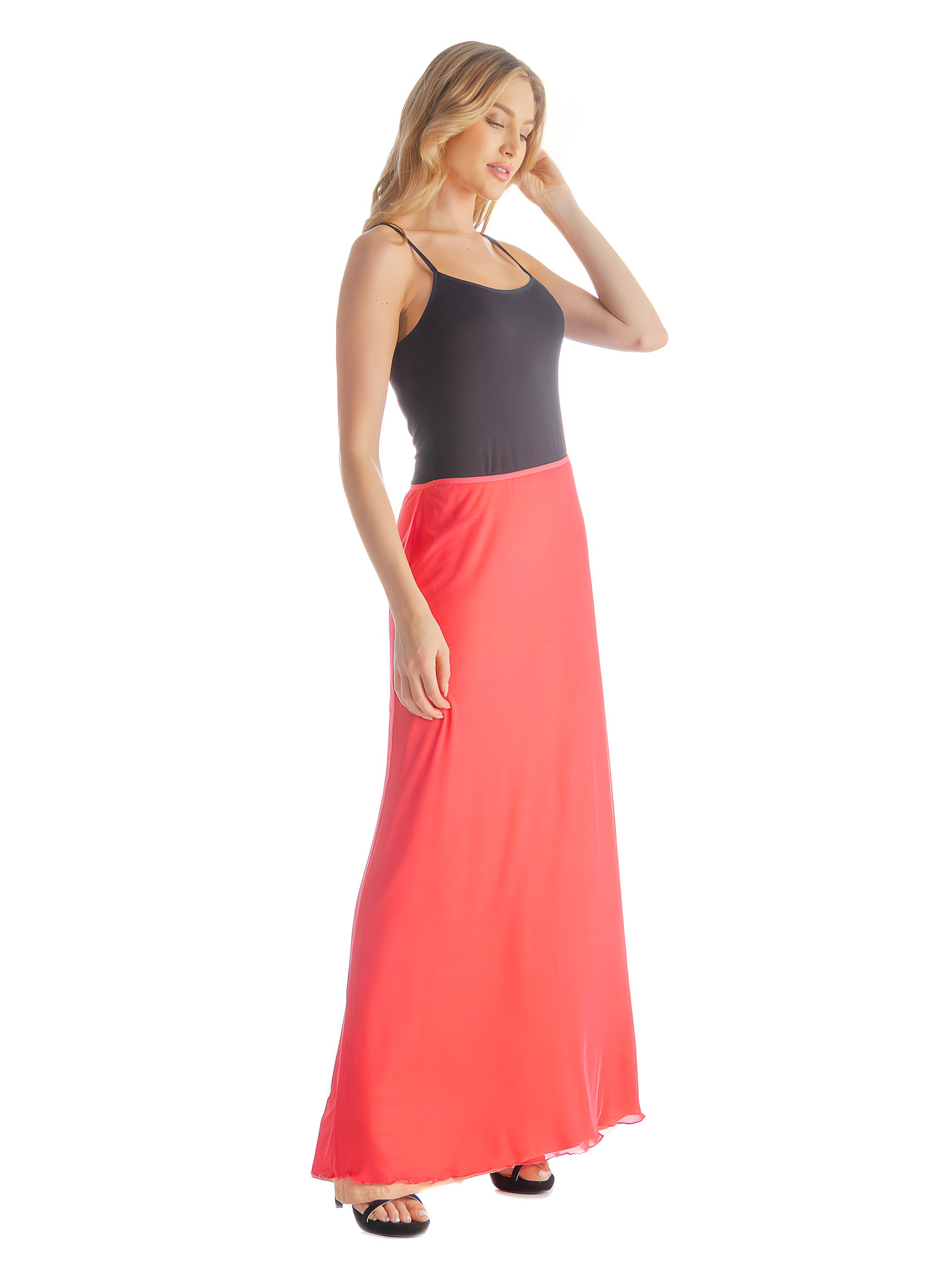Solid Color Sheer Overlay Elastic Waist Dressy Maxi Skirt