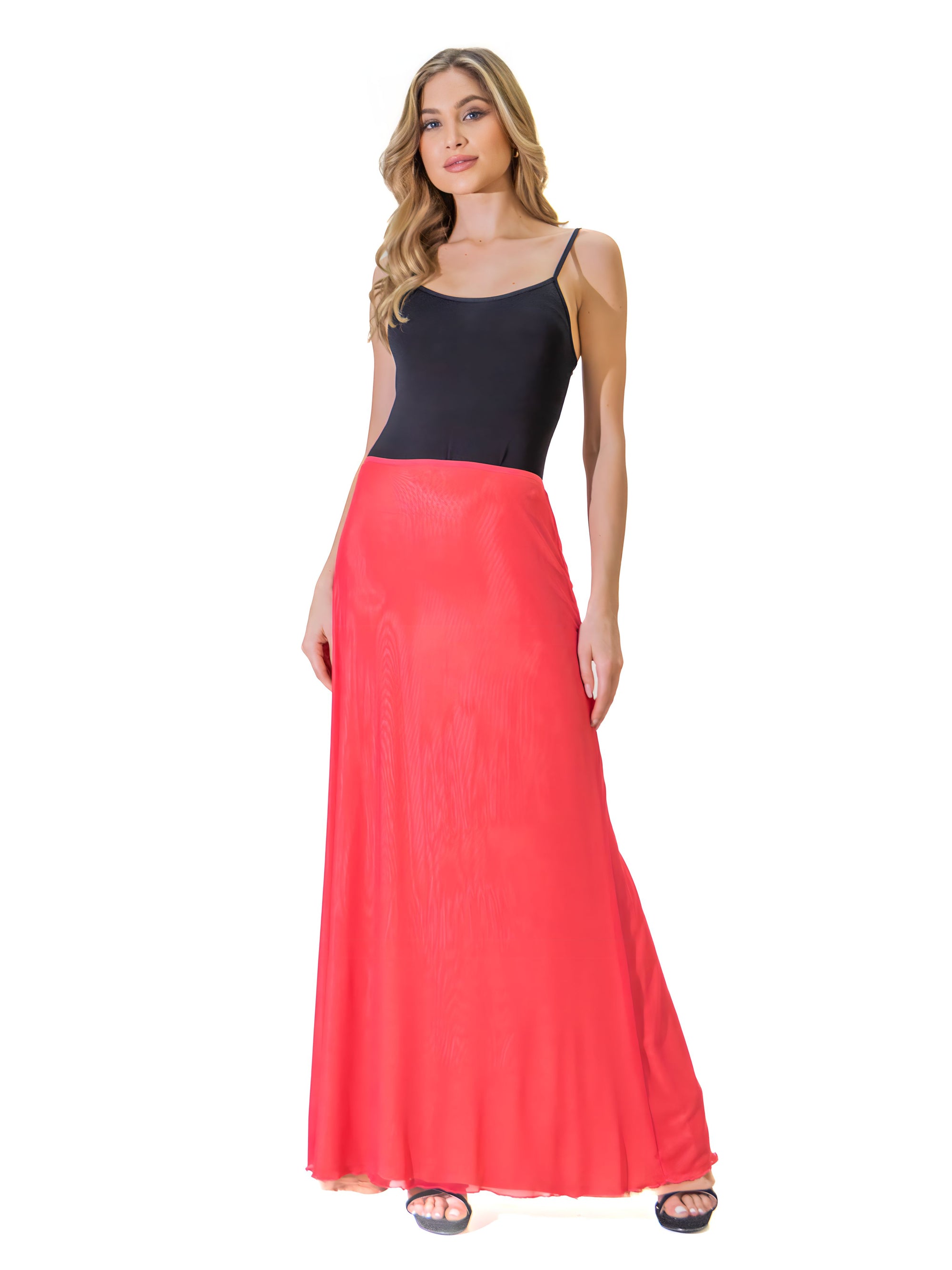 Solid Color Sheer Overlay Elastic Waist Dressy Maxi Skirt