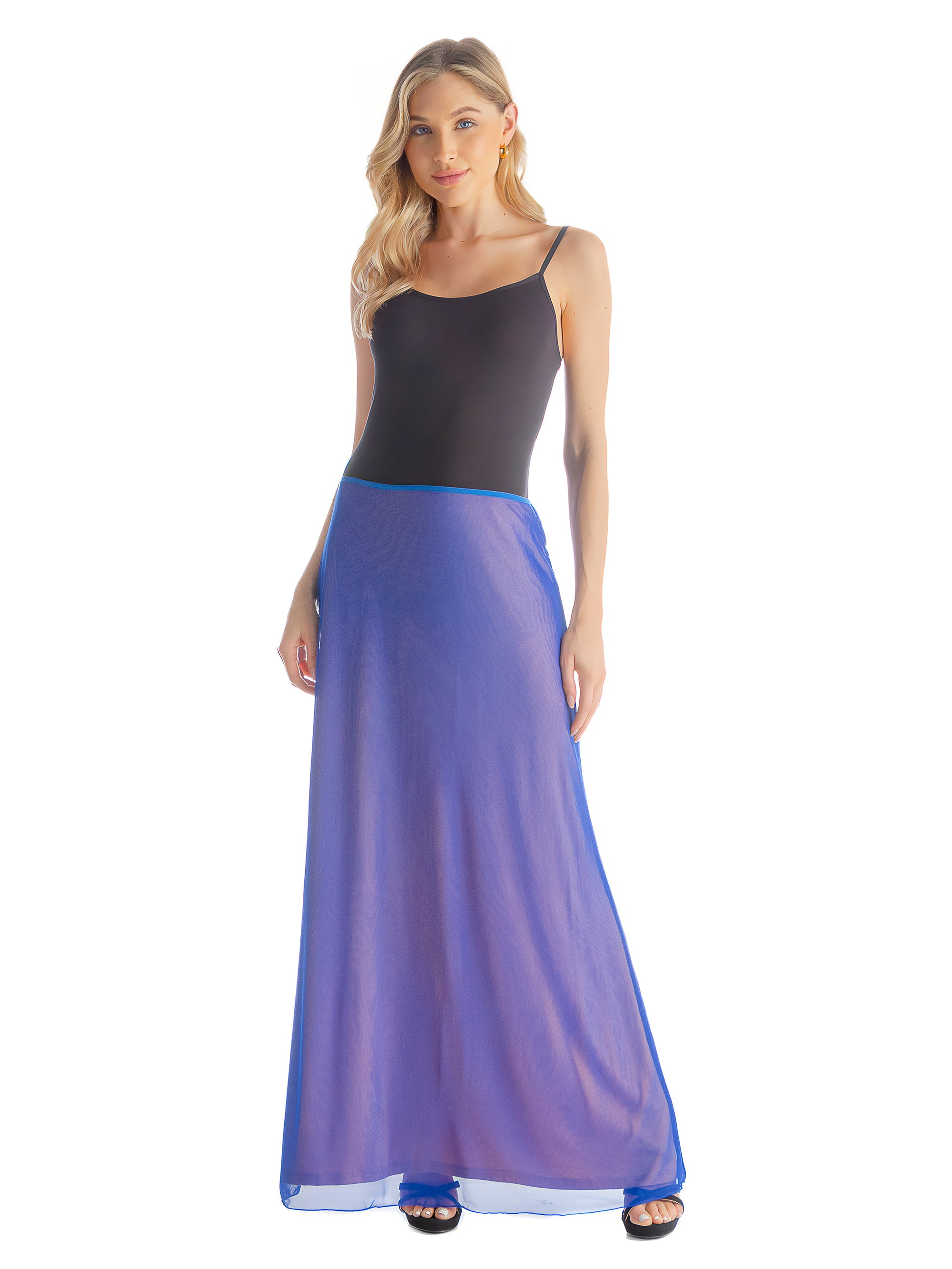 Solid Color Sheer Overlay Elastic Waist Dressy Maxi Skirt