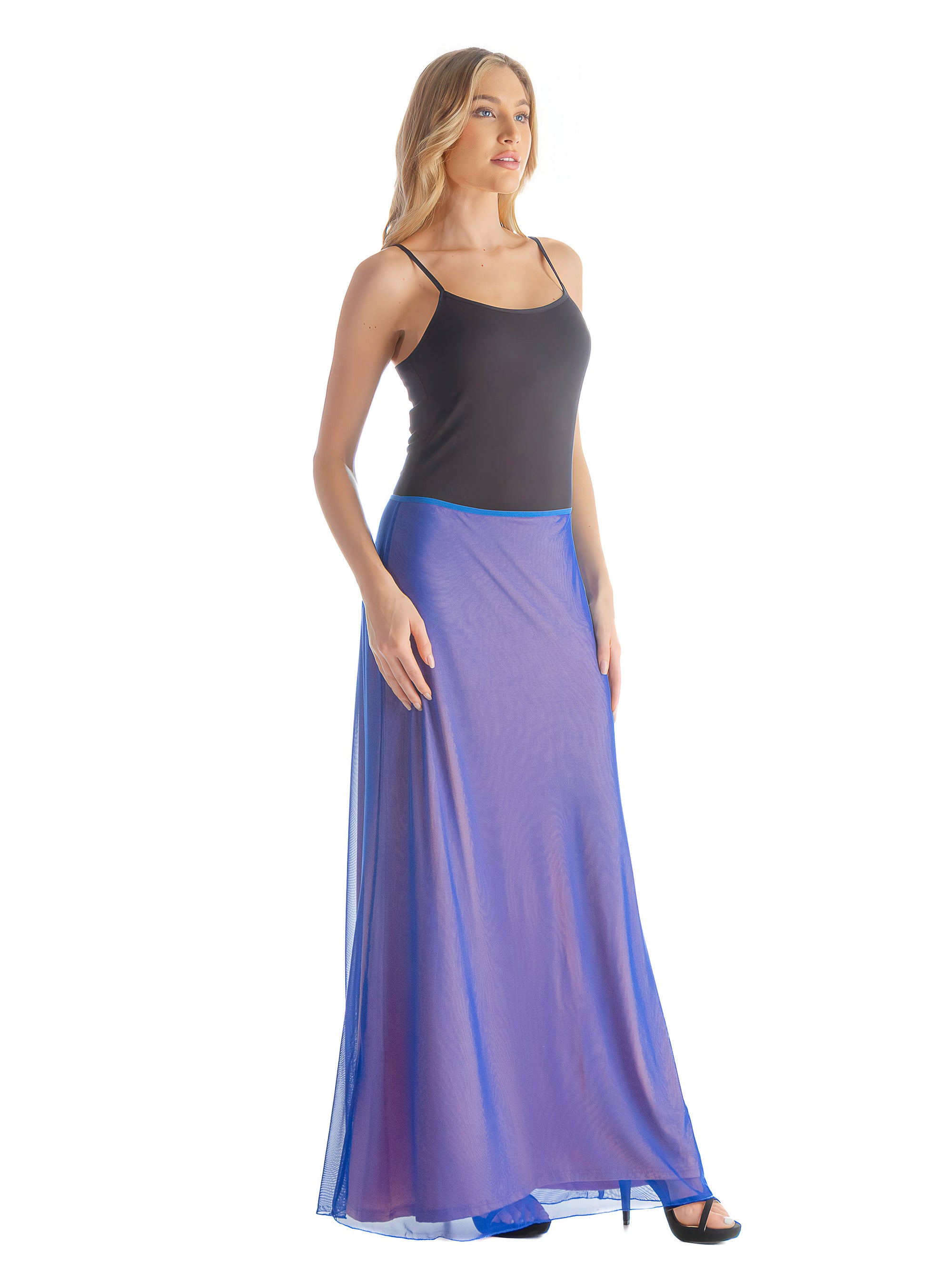 Solid Color Sheer Overlay Elastic Waist Dressy Maxi Skirt