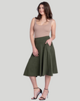 Elastic Waist Pleated Pocket Midi Skirt