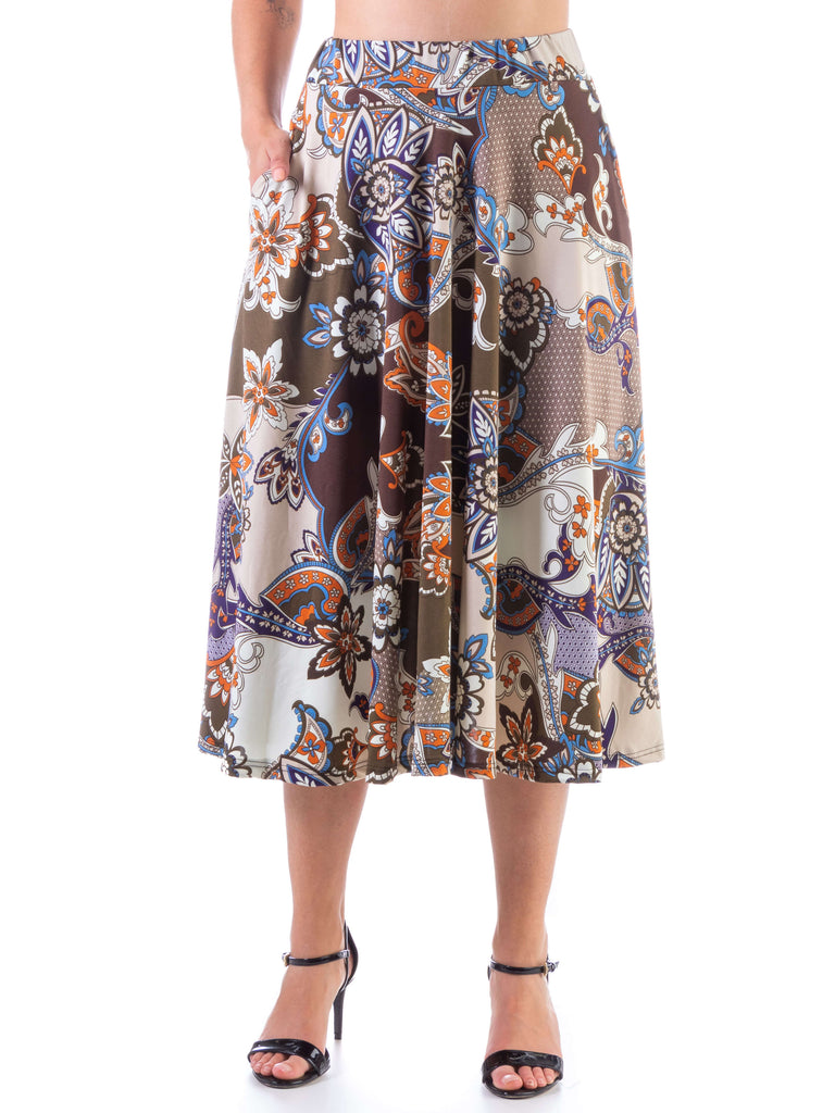 Tan Paisley Pleated Pocket Midi Skirt