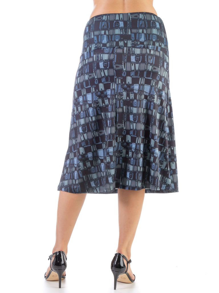 Grey Abstract Elastic Waist Knee Length Skirt