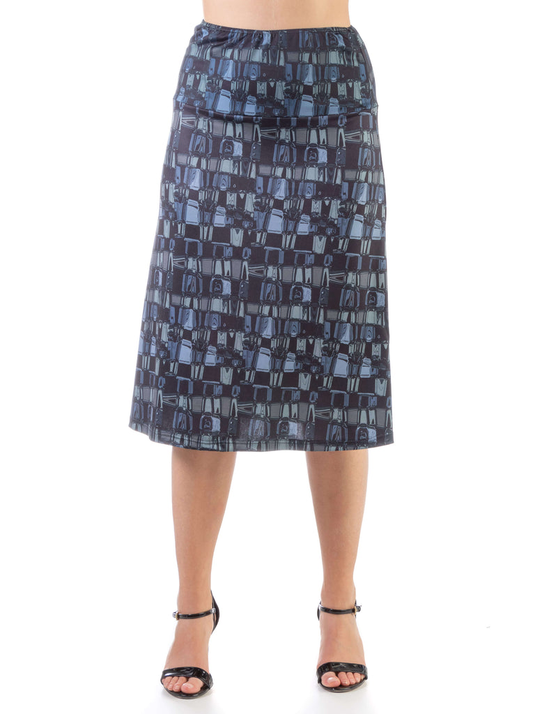 Grey Abstract Elastic Waist Knee Length Skirt