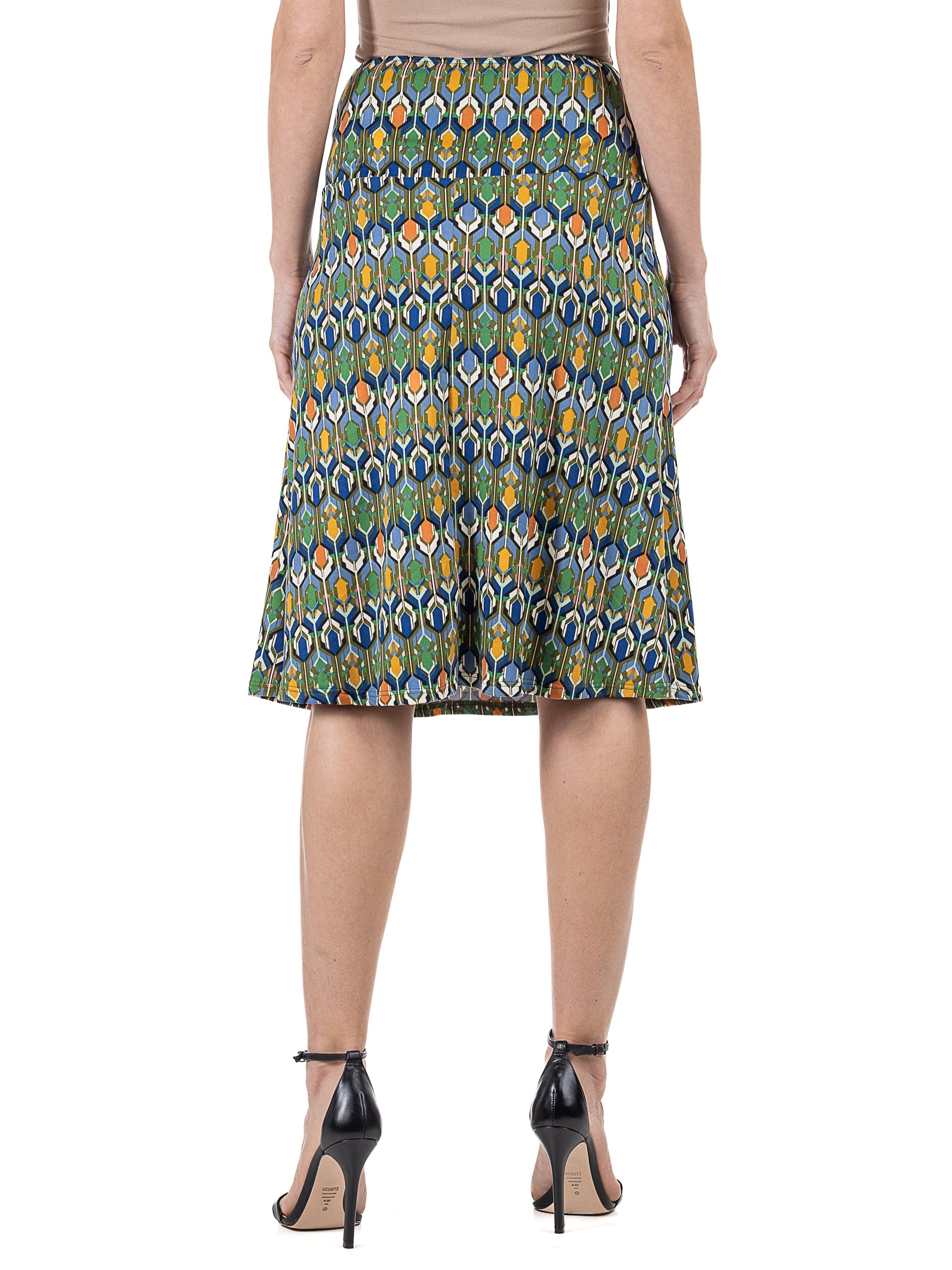 Green Geometric Elastic Waist Knee Length Skirt