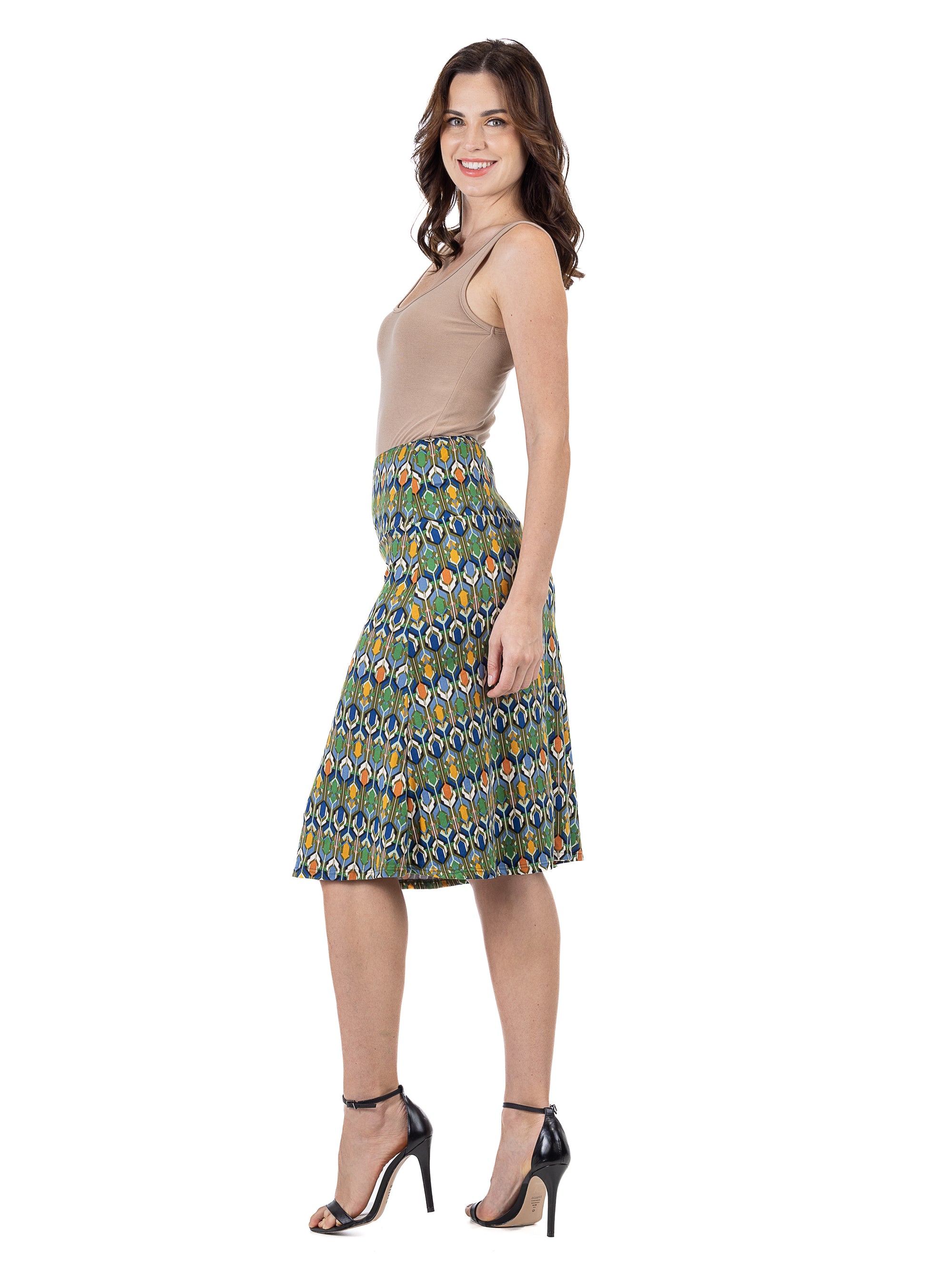 Green Geometric Elastic Waist Knee Length Skirt