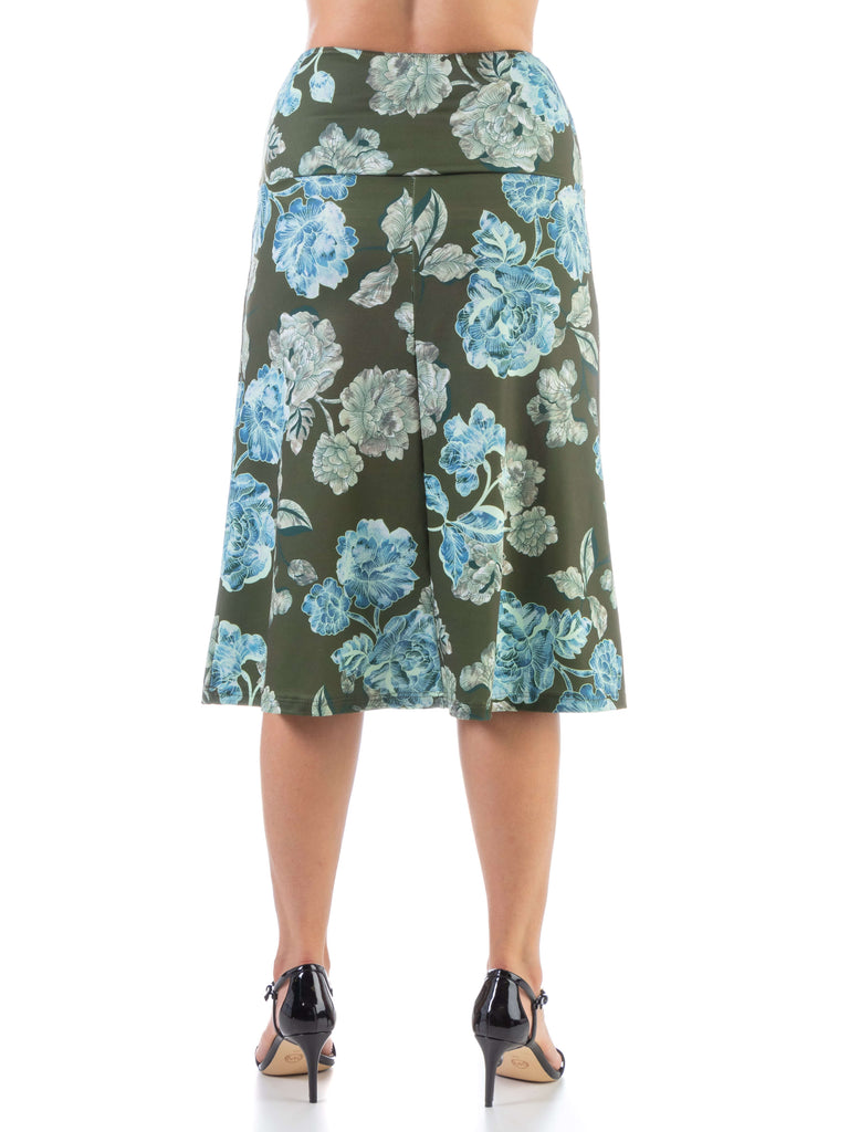 Green Floral Elastic Waist Knee Length Skirt