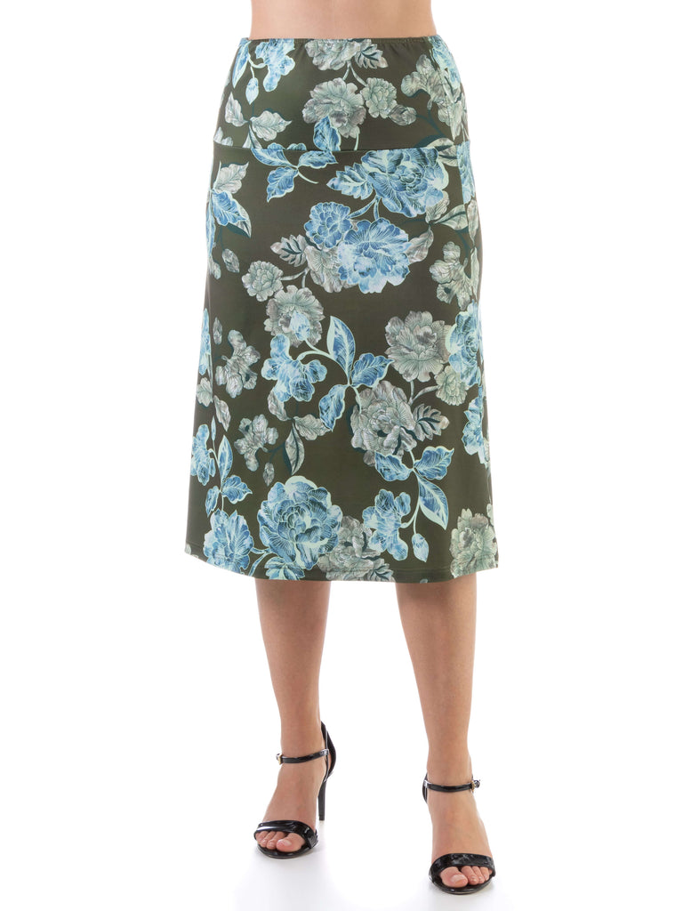 Green Floral Elastic Waist Knee Length Skirt
