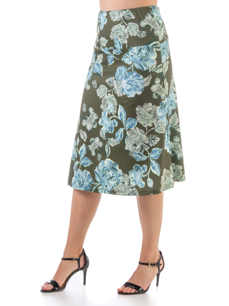 Green Floral Elastic Waist Knee Length Skirt