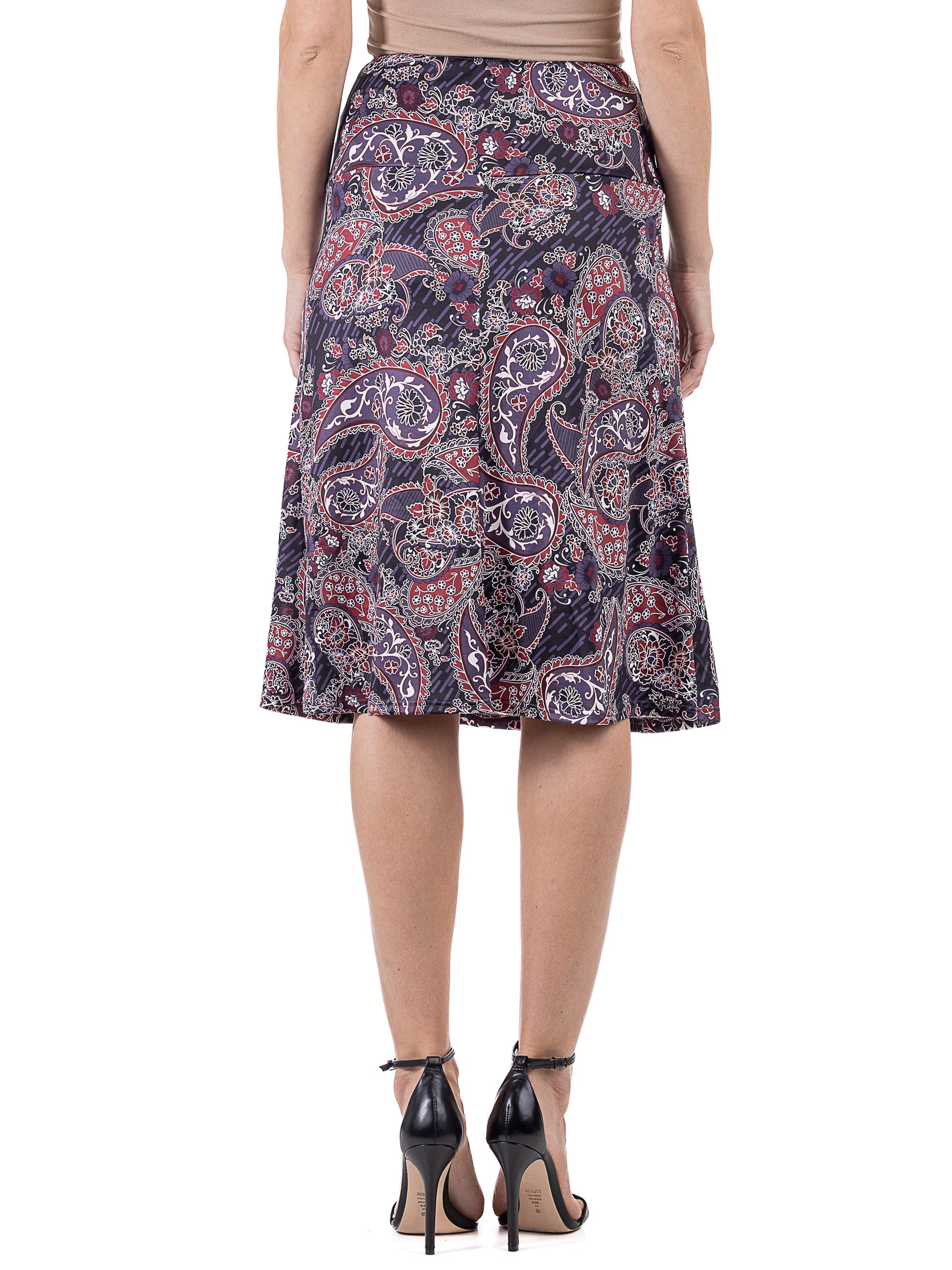 Grey Paisley Elastic Waist Knee Length Skirt