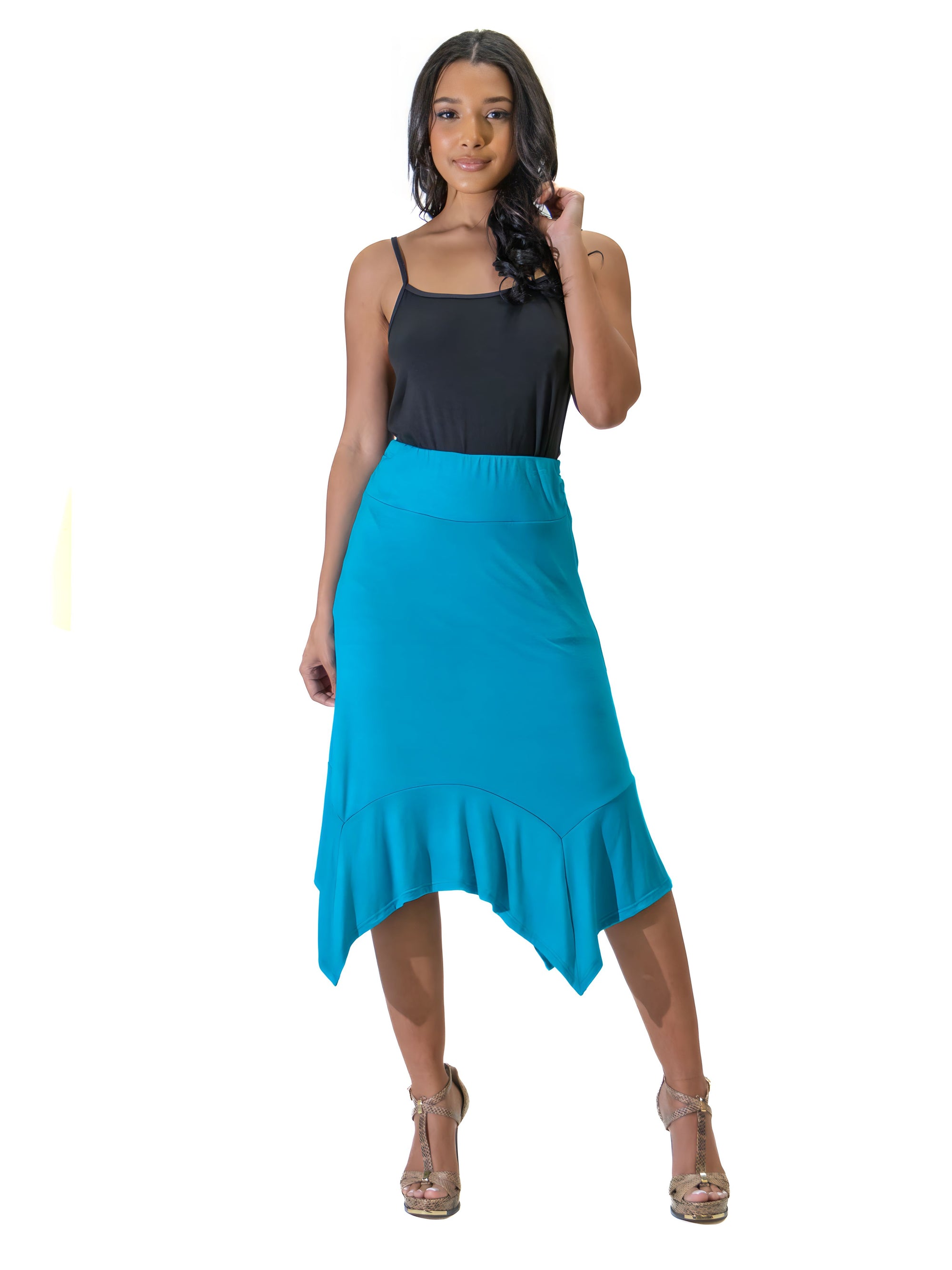 Solid Color Knee Length Elastic Waist Handkerchief Skirt