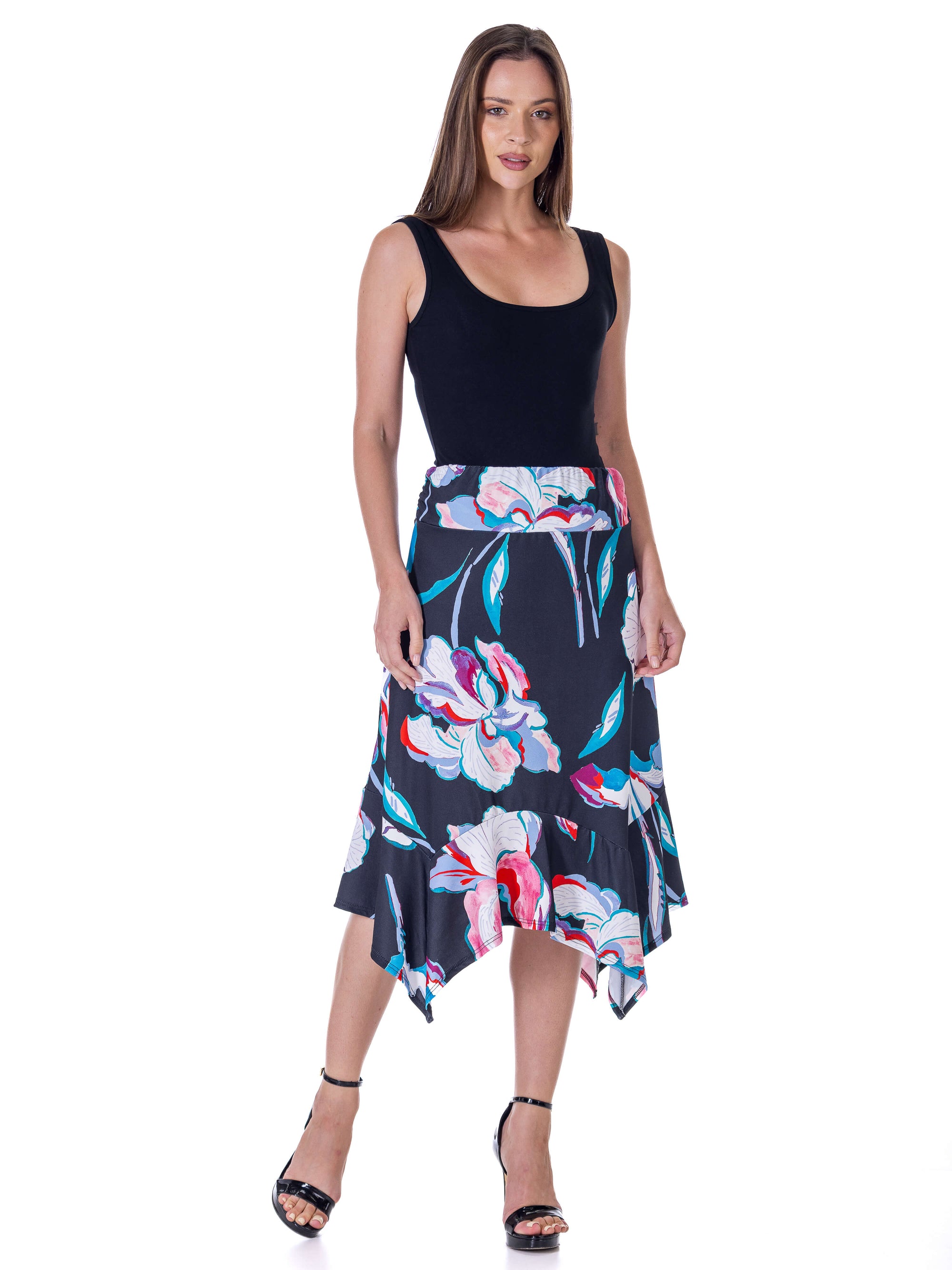 Womens Elastic Waist Floral Knee Length Handkerchief Hemline Skirt