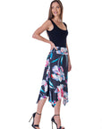 Womens Elastic Waist Floral Knee Length Handkerchief Hemline Skirt