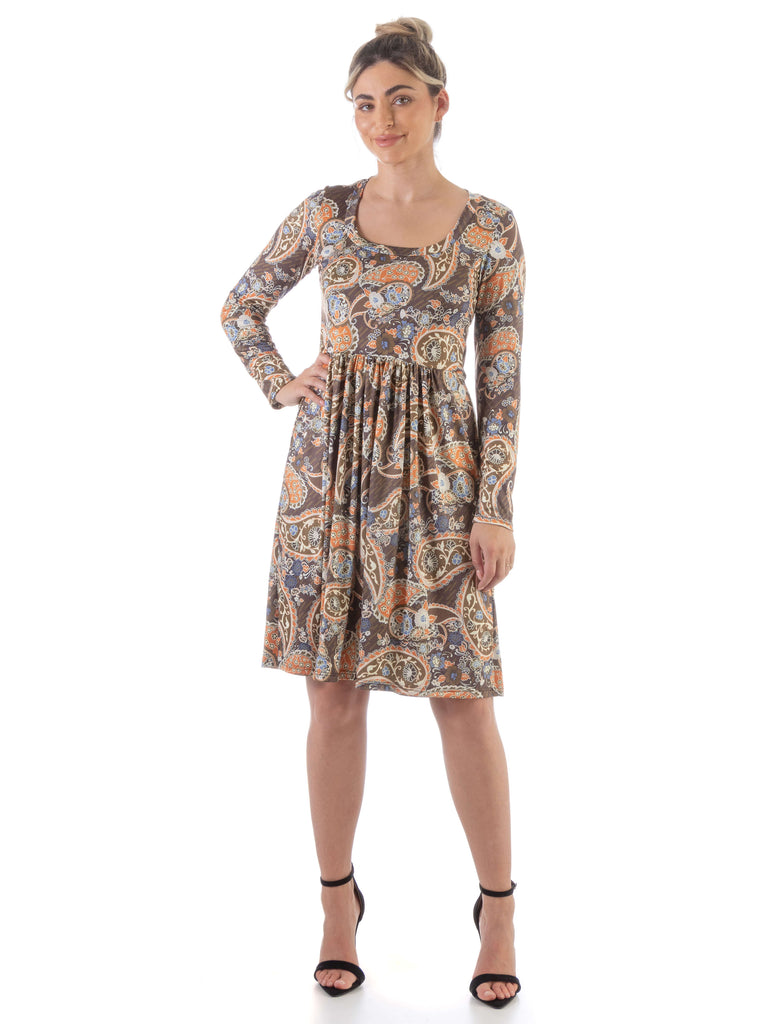 Paisley Long Sleeve Pleated Knee Length Dress