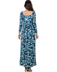 Blue Abstract Long Sleeve Pleated Maxi Dress