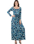 Blue Abstract Long Sleeve Pleated Maxi Dress