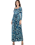 Blue Abstract Long Sleeve Pleated Maxi Dress