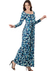 Blue Abstract Long Sleeve Pleated Maxi Dress
