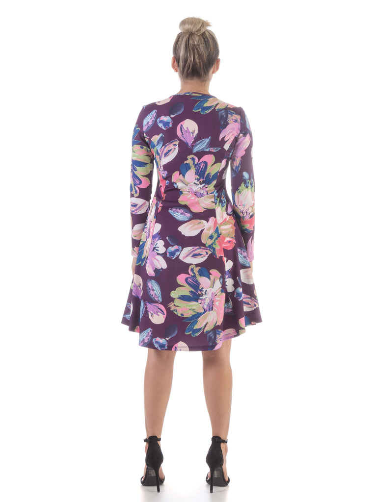 Floral Purple Long Sleeve Knee Length Dress
