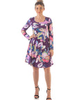 Floral Purple Long Sleeve Knee Length Dress