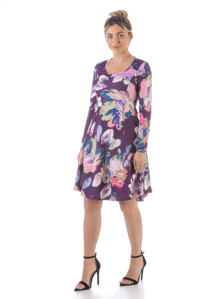 Floral Purple Long Sleeve Knee Length Dress