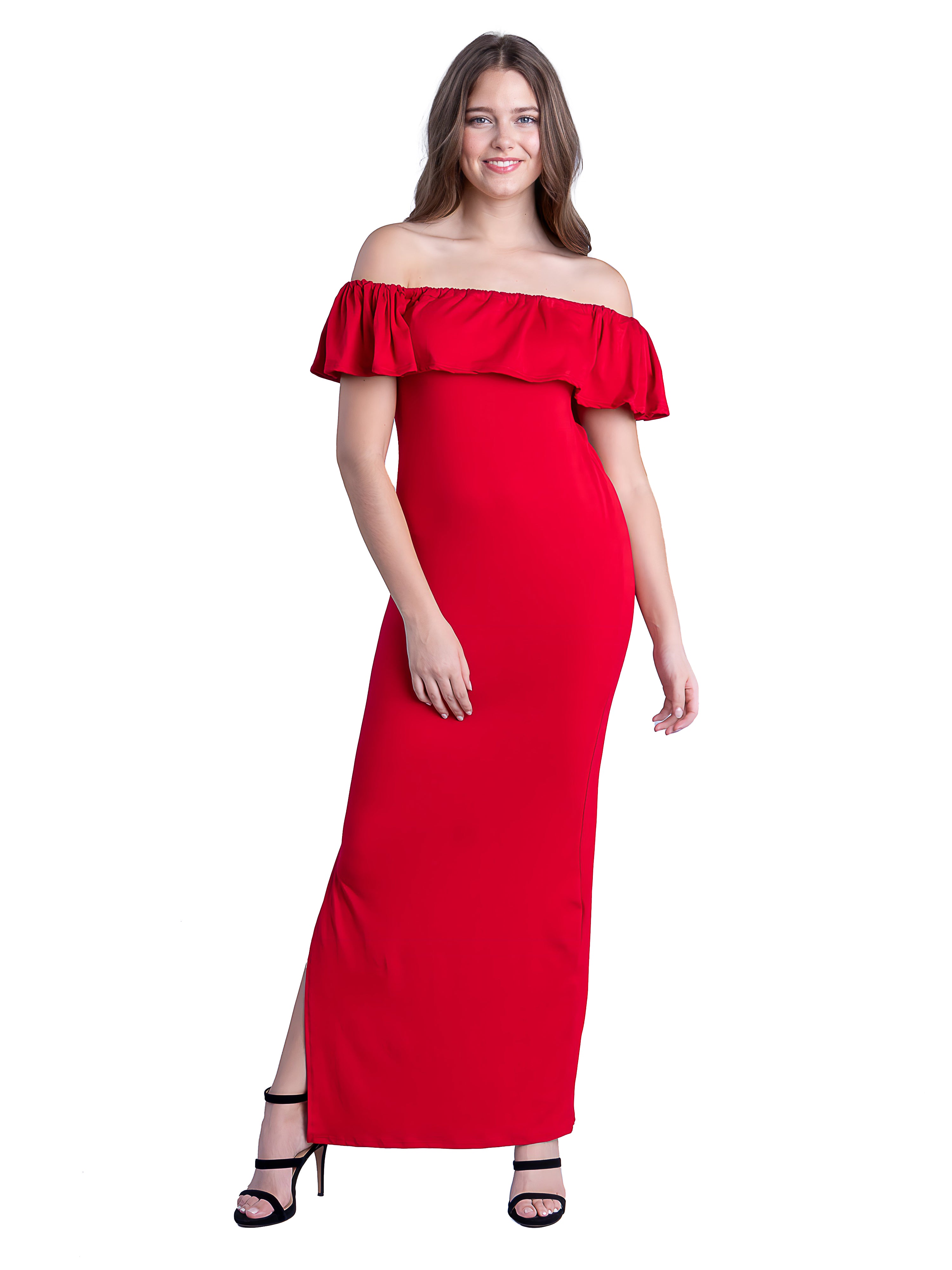 24seven Comfort Apparel Off Shoulder Ruffle Detail Maxi Dress