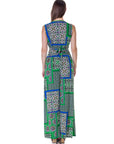 Womens Green Scarf Print V Neck Empire Waist Sleeveless Maxi Dress