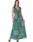 Womens Green Scarf Print V Neck Empire Waist Sleeveless Maxi Dress