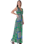 Womens Green Scarf Print V Neck Empire Waist Sleeveless Maxi Dress