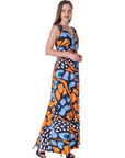 Womens Orange Butterfly Print V Neck Tie Back Empire Waist Sleeveless Maxi Dress