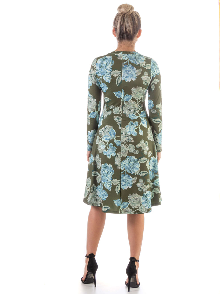 Green Floral Long Sleeve Knee Length T Shirt Dress