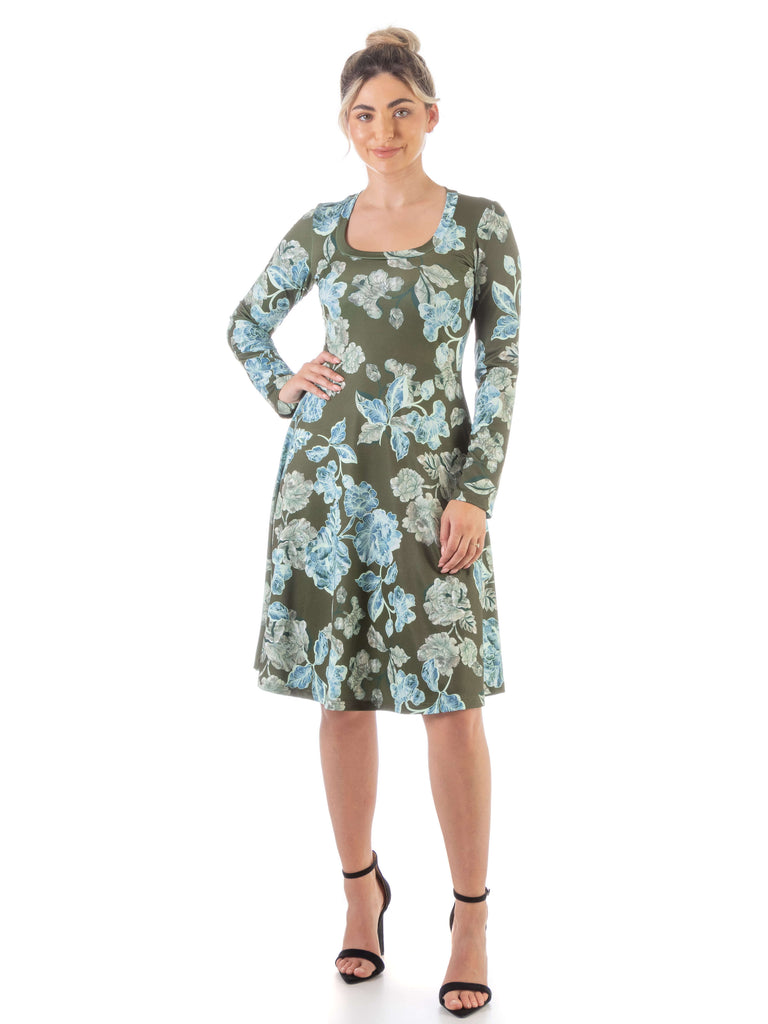 Green Floral Long Sleeve Knee Length T Shirt Dress