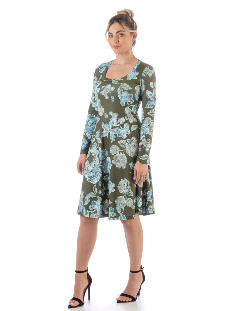 Green Floral Long Sleeve Knee Length T Shirt Dress