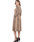 Animal Print Long Sleeve Pleated Midi Dress with Pockets