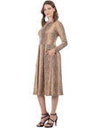 Animal Print Long Sleeve Pleated Midi Dress with Pockets