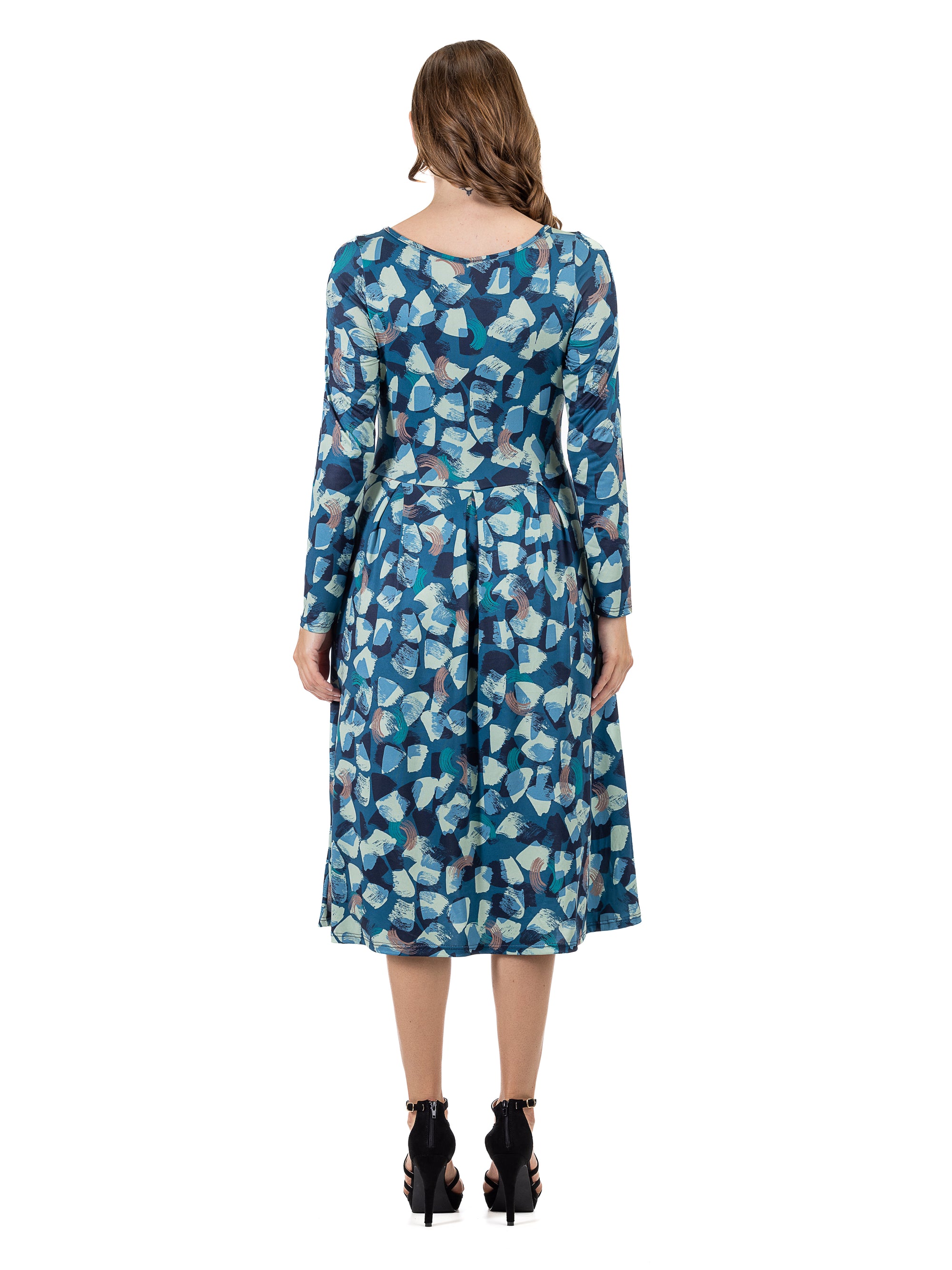 Blue Brushstroke Print Long Sleeve Pleated Midi Dress with Pockets