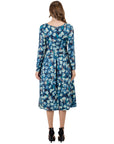 Blue Brushstroke Print Long Sleeve Pleated Midi Dress with Pockets