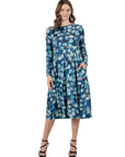 Blue Brushstroke Print Long Sleeve Pleated Midi Dress with Pockets