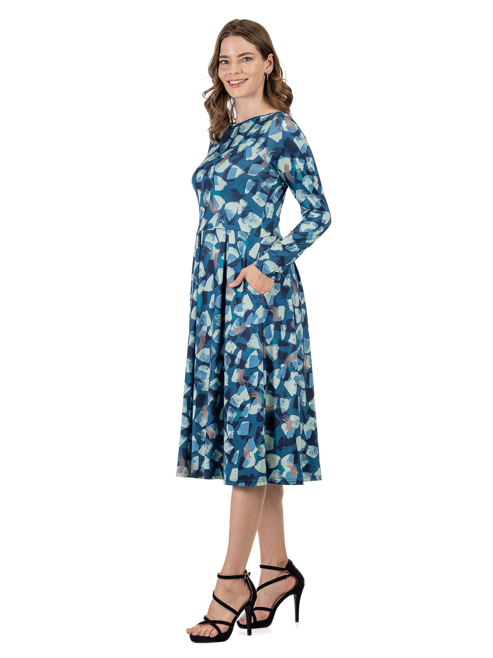 Blue Brushstroke Print Long Sleeve Pleated Midi Dress with Pockets