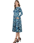 Blue Brushstroke Print Long Sleeve Pleated Midi Dress with Pockets