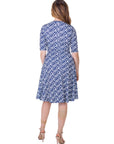 Womens Navy Geometric Print Knee Length Elbow Sleeve Dress