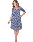 Womens Navy Geometric Print Knee Length Elbow Sleeve Dress