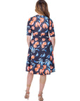 Womens Black Floral Print Elbow Sleeve Knee Length Dress