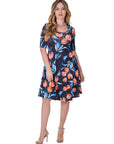 Womens Black Floral Print Elbow Sleeve Knee Length Dress