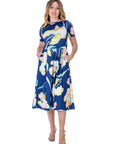 Womens Blue Floral Short Sleeve Pleated Flare Midi Pocket Dress