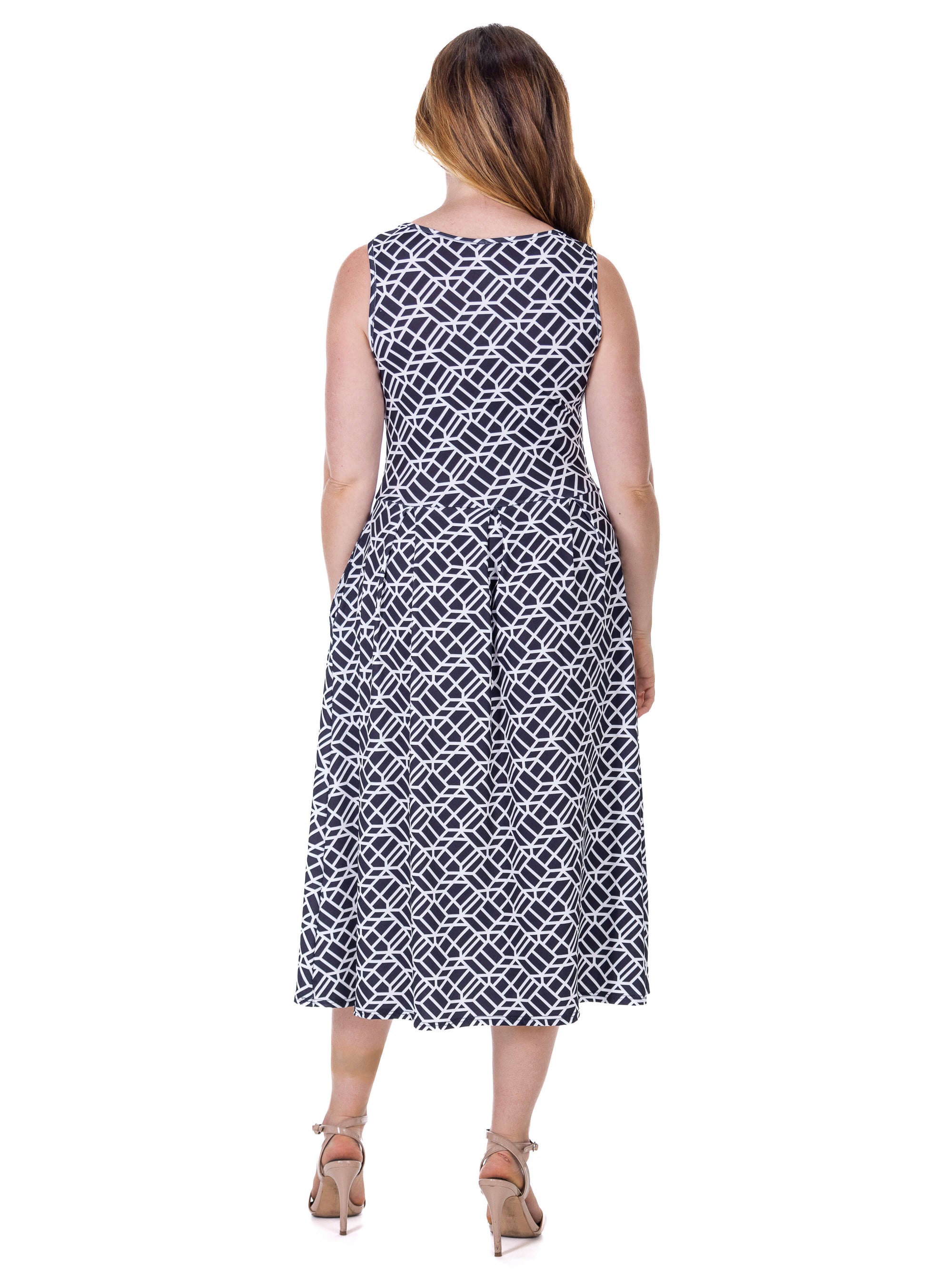 Womens Midi Length Black Geo Print Sleeveless Pleated Pocket Dress