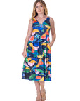 Womens Midi Length Multicolor Sleeveless Pleated Pocket Dress