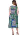 Womens Midi Length Green Scarf Print Sleeveless Pleated Pocket Dress