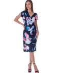 Black Floral Knee Length Short Sleeve Faux Wrap Dress